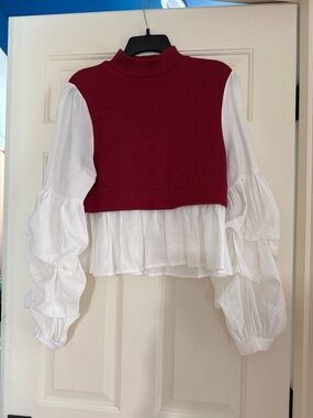Anthropologie Red Knit Layered Mock-Neck Blouse with White Puff Sleeves